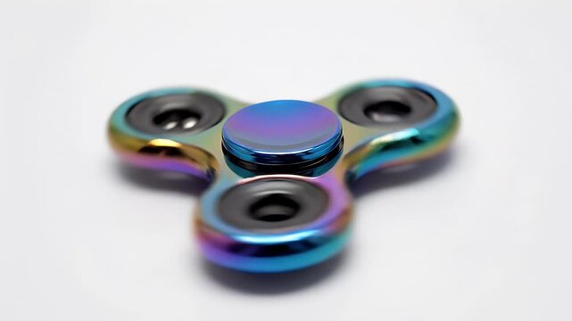 A colorful, metallic, three-pronged spinner toy rests against a white background