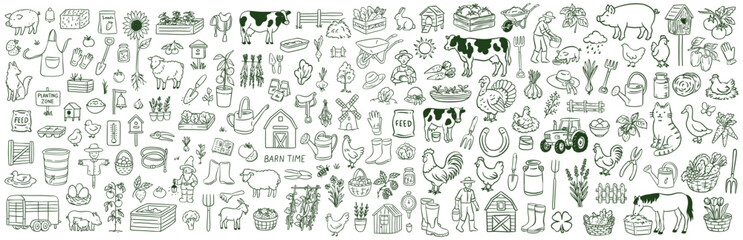 Large farm and gardening doodle icon set. Wide horizontal banner with hand-drawn sketches of animals, crops, barn, tractor, and garden tools. Comprehensive rural life linear vector collection. © Olena Hnatiuk