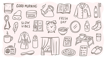 Fototapeta premium Morning routine and slow living doodle icon set. Hand-drawn sketches of coffee, alarm clock, breakfast, pajamas, and self-care items. Hygge lifestyle linear vector illustrations for planners.