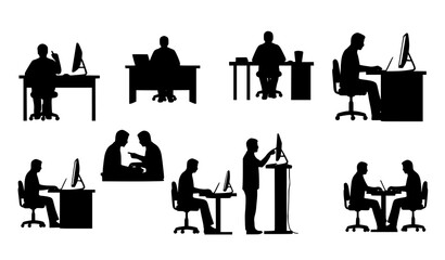 Computer work silhouette man vector icon set office desk worker illustration