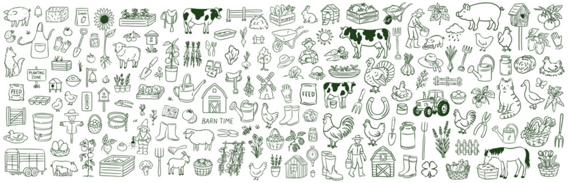 Large farm and gardening doodle icon set. Wide horizontal banner with hand-drawn sketches of animals, crops, barn, tractor, and garden tools. Comprehensive rural life linear vector collection.