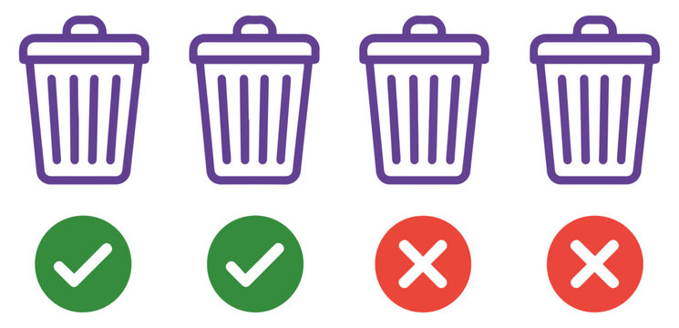 trash can icon set with status symbols