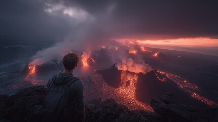 Obraz premium A man wearing a backpack standing atop a rocky outcrop, gazing out over a volcanic landscape illuminated by the setting sun. The sky is painted in hues of orange and pink.