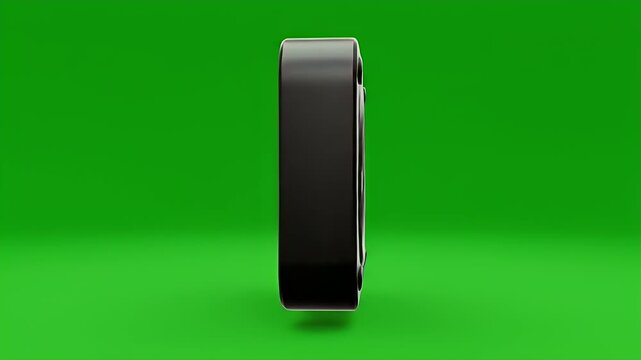 A dark, round object with a glossy finish sits on a vibrant green background