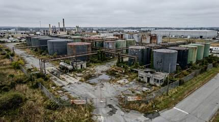 Fototapeta premium Abandoned Industrial Site with Storage Tanks & No Trespassing