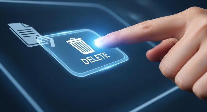 Close up of a hand pressing a virtual delete button removing a file from a system