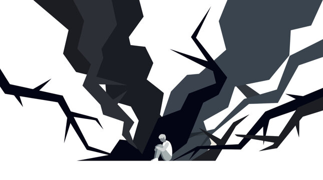 Person standing alone in a broken landscape.