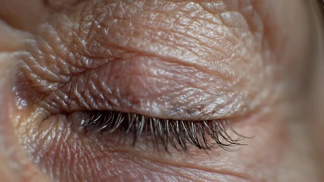 Close up view of open blue female eyes showing details of human pupil and cornea in natural light setting