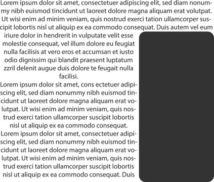 Minimalist editorial layout with lorem ipsum text, modern graphic design template with dark placeholder, clean typography for print and digital media isolated on Transparent Background