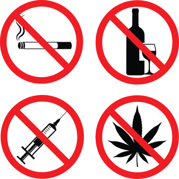 Four distinct prohibition icons detail restrictions against smoking, alcohol, needles, and cannabis.
