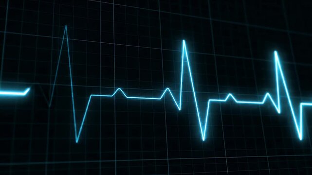 Glowing blue heart rhythm line pulses across a grid on a dark screen