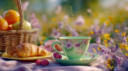 Fototapeta premium Spring Summer outdoor leisure relaxation activity. A vivid, sunlit scene depicts a serene outdoor setting. A teacup with a floral pattern sits on a saucer.