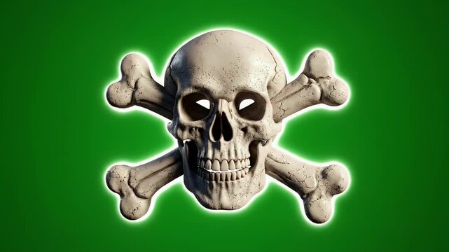 A textured skull and crossbones emblem glows with a neon outline on green