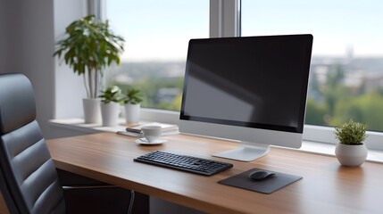 Fototapeta premium A modern office desk setup with computer and plants by a large window with a city view