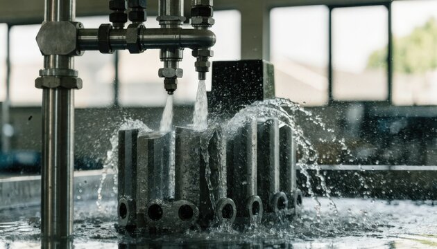 Medium shot showcasing cold cutting of thick chisels using a lowimpact waterjet emphasizing durability and efficient material removal without thermal damage.