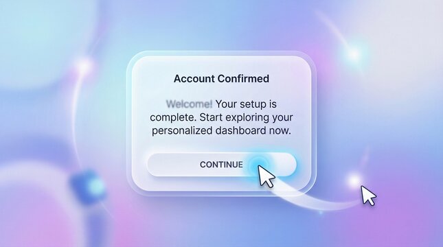 Glassmorphism account confirmed notification window, frosted glass user interface popup for web registration, modern pastel gradient dashboard setup screen with continue button