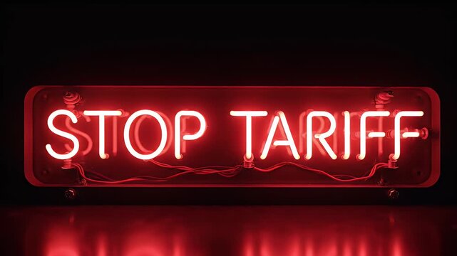 Red neon sign with the words "STOP TARIFF" glowing brightly against a dark background