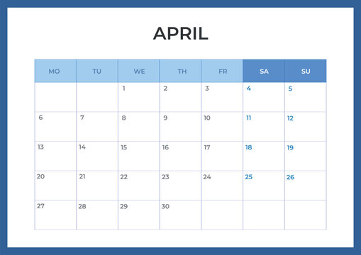 Daily planner. April 2026 minimal calendar template, week starts Monday.
