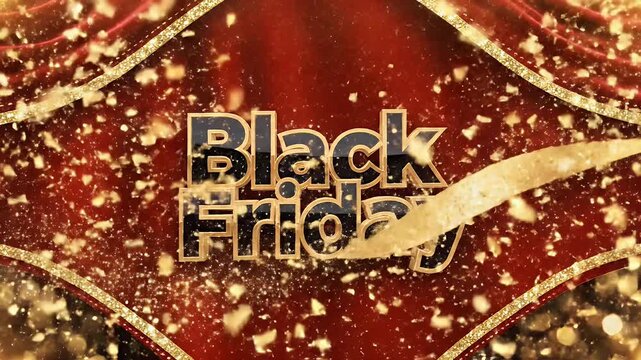 Embossed "Black Friday" text with gold ribbon and glitter accents on red fabric