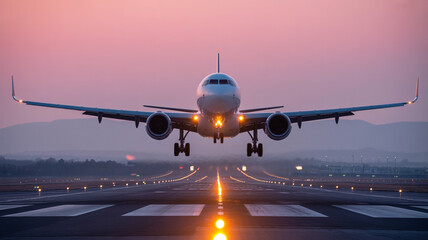 Naklejka premium Airplane landing on airport runway at sunset