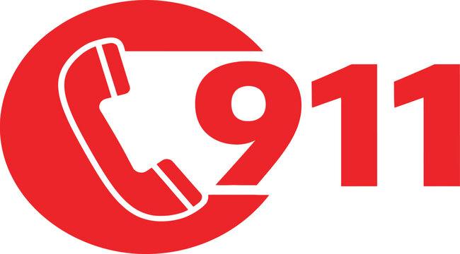 Red emergency telephone icon clearly displays the universal three-digit number 911 for urgent help.