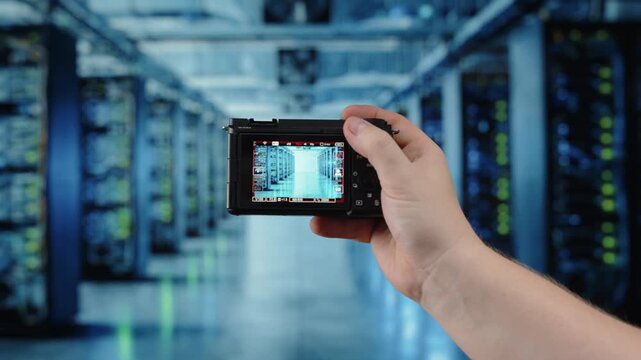 Hand holding video camera in data center server room