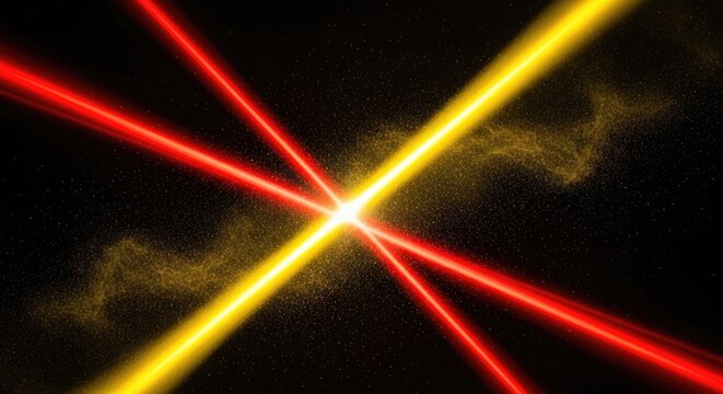 Intersecting Red and Yellow Laser Beams on Dark Background.