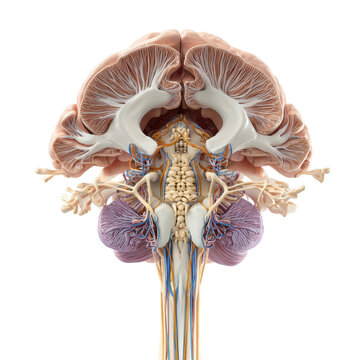 Coronal section of the human brain showing cerebellum, brainstem, and cerebral hemispheres, isolated on transparent background
