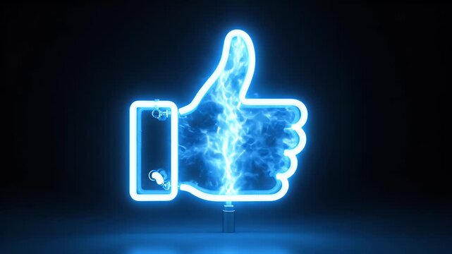 Electric blue neon thumbs up glowing against a dark background