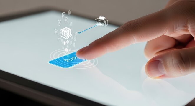 Close up of a hand pressing a virtual print button with a document sending animation to a printer