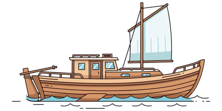 Traditional wooden fishing boat with sail on calm sea water eps 10