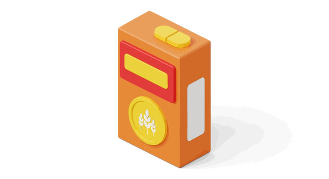 3D Isometric Cereal Box or Flour Pack Icon with Wheat Symbol - Organic Food Packaging Illustration Isolated on White Background