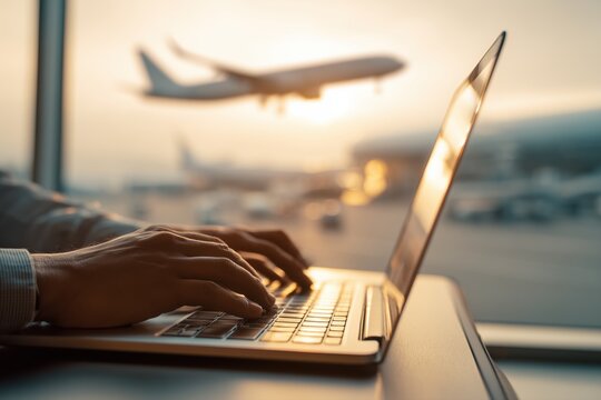 Businessman typing on a laptop at the airport, with an airplane in the background.