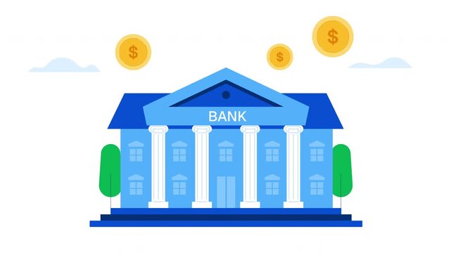 Modern bank building with floating coins animation. Concept of finance, investment, banking services, savings and economic growth in clean flat vector style