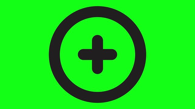 Animated black plus sign in circle icon on green screen for add or create button