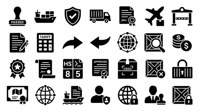 Global logistics and supply chain management icons representing shipping, customs, and delivery services for international trade and commerce