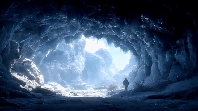 Winter season adventure exploration. A vivid, atmospheric depiction of a vast, icy cavern. The main subject is a solitary figure, dressed in dark clothing, standing in the center of the cavern.