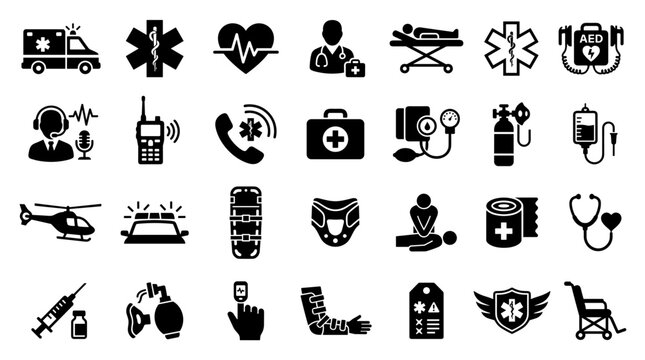 Collection of medical emergency and healthcare icons representing ambulance, first aid, life support, and medical equipment for emergency services and healthcare concepts