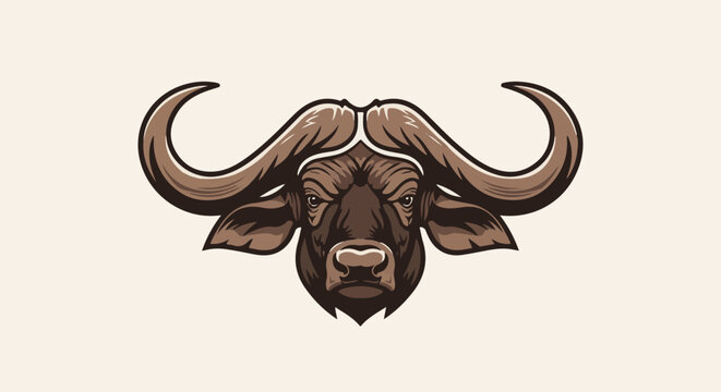 Powerful buffalo head with large, curved horns against a light background