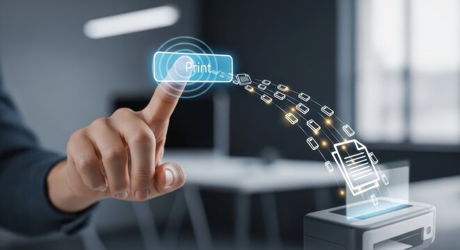 Close up of a hand pressing a virtual print button with a document sending animation to a printer