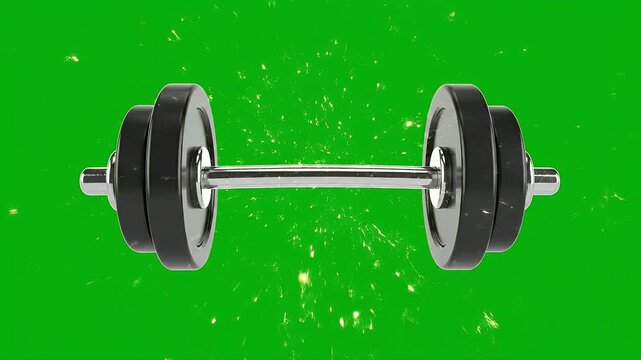 A metal dumbbell with black weights and chrome bar rests on a vibrant green backdrop with sparks