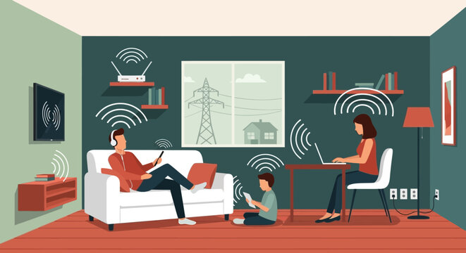Conceptual Illustration of a Modern Family in a Living Room Surrounded by EMF Radiation and Wi-Fi Signals from Digital Devices