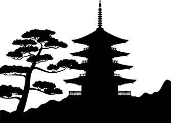 Fototapeta premium Black silhouette of a story pagoda and pine tree against a white background japan
