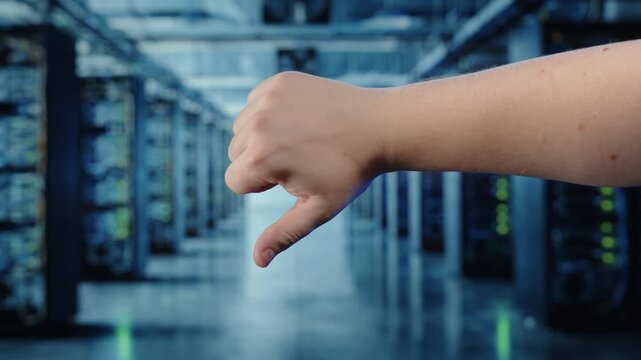Thumbs down gesture in data center server room