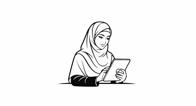 Person wearing hijab looking at digital tablet, black and white outline