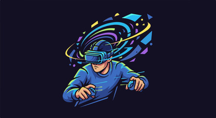 Fototapeta premium Person with VR headset immersed in a digital, colorful, abstract world