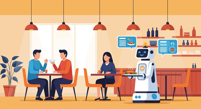 Futuristic Restaurant with AI Robot Waiter Serving Food to Customers Flat Vector Illustration