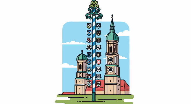 Ornate maypole in front of twin-spired buildings under a cloudy sky