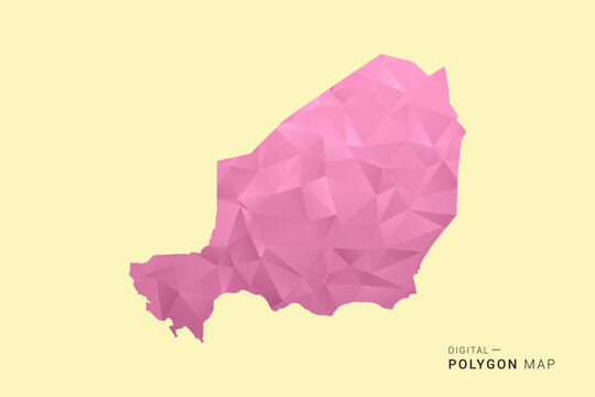 Niger Map - Low poly polygon map design in soft pink pastel gradient on beige background, modern minimal geometric style, clean digital vector illustration.