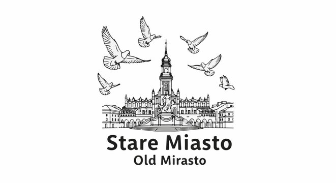 Pen-and-ink sketch of old city buildings and a monument with flying doves above